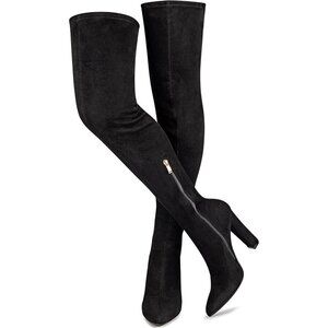 Women's Black Suede Thigh High Boots Pointed Toe Over The Knee High Winter Boot